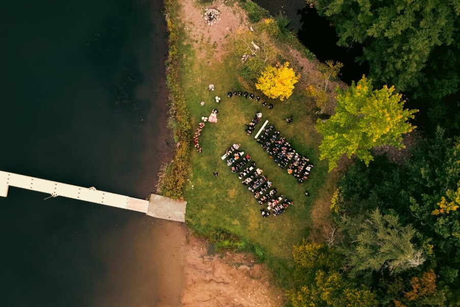 aerial view of wedding near lake